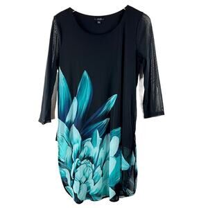 Alfani Black & Blue Floral Sheer Sleeves Tunic Top Womens Size M